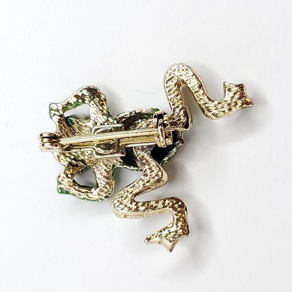 Frog Brooch Green Movable Articulated Back Legs Red Rhinestone Eyes Whimsical - Picture 4 of 4